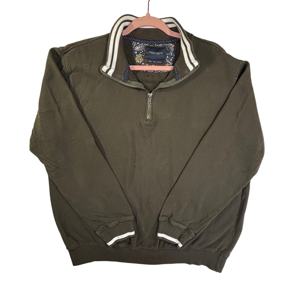 Denim & Flower Ricky Singh Mens Large Olive Green Quarter Zip Striped Pullover